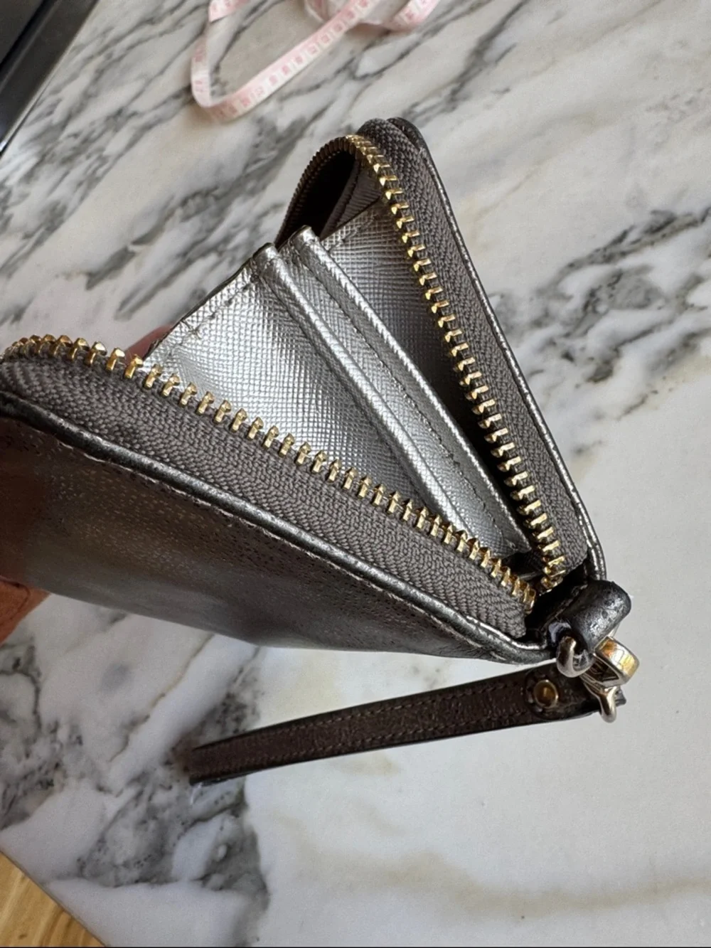 Michael Kors Metallic Pewter Leather Zip Around Wristlet Wallet Gold Hardware